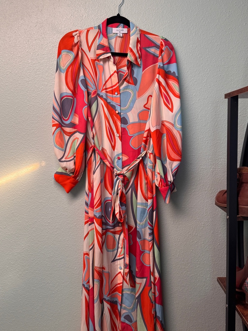 Alexis Bold Abstract Maxi Shirt Dress in Red, Pink & Blue